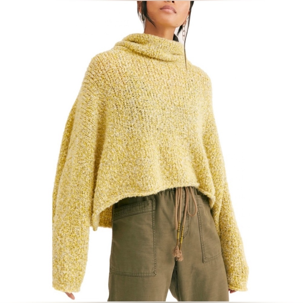 Free People Cowl Neck Oversized Crop Sweater, Yellow Knit, L
